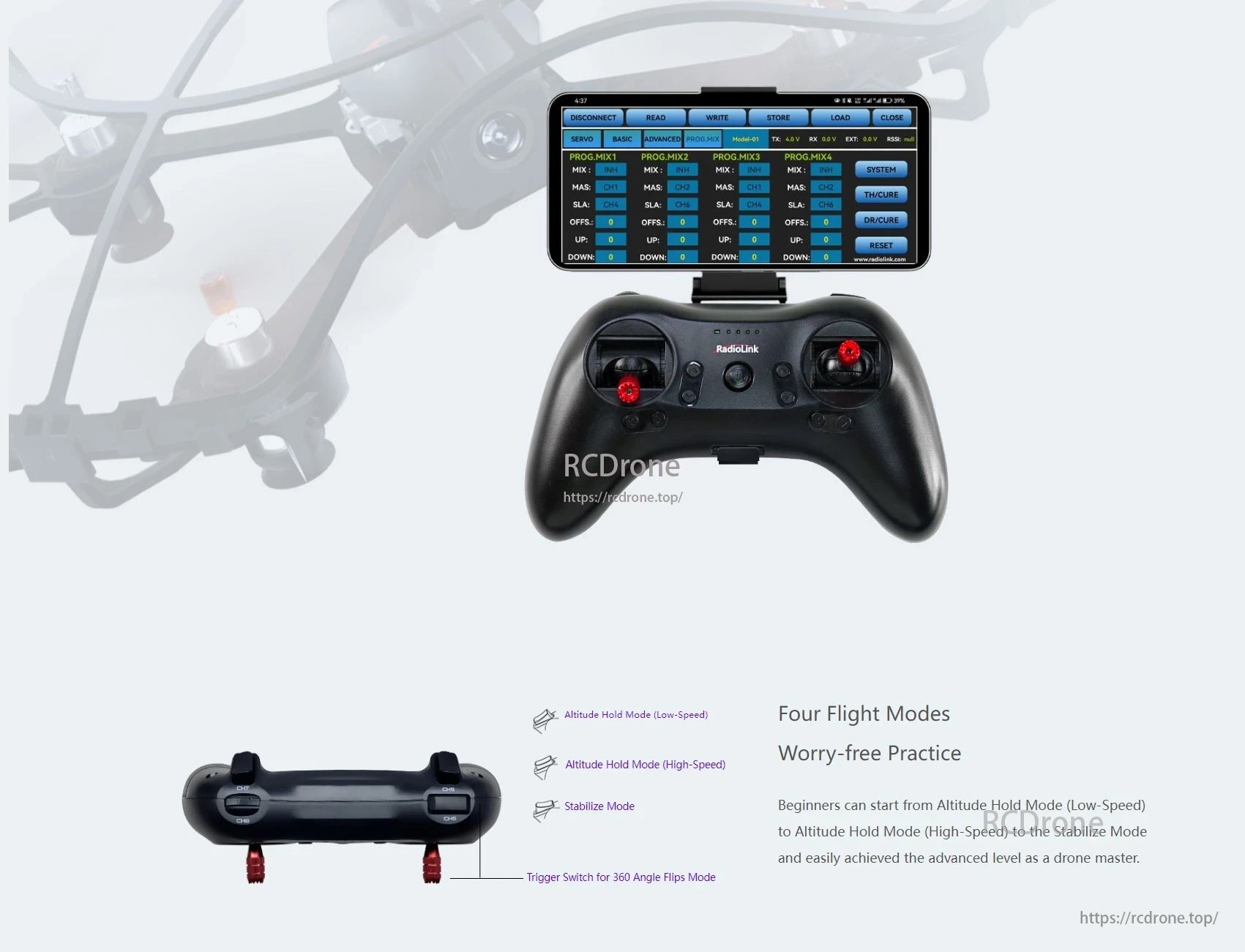The RadioLink F125 Micro FPV Racing Drone offers four flight modes and is suitable for all skill levels.