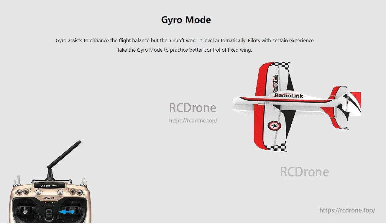 RadioLink Byme-A Flight Controller, Gyro Mode improves balance and control for fixed-wing aircraft, favored by experienced pilots for advanced practice.
