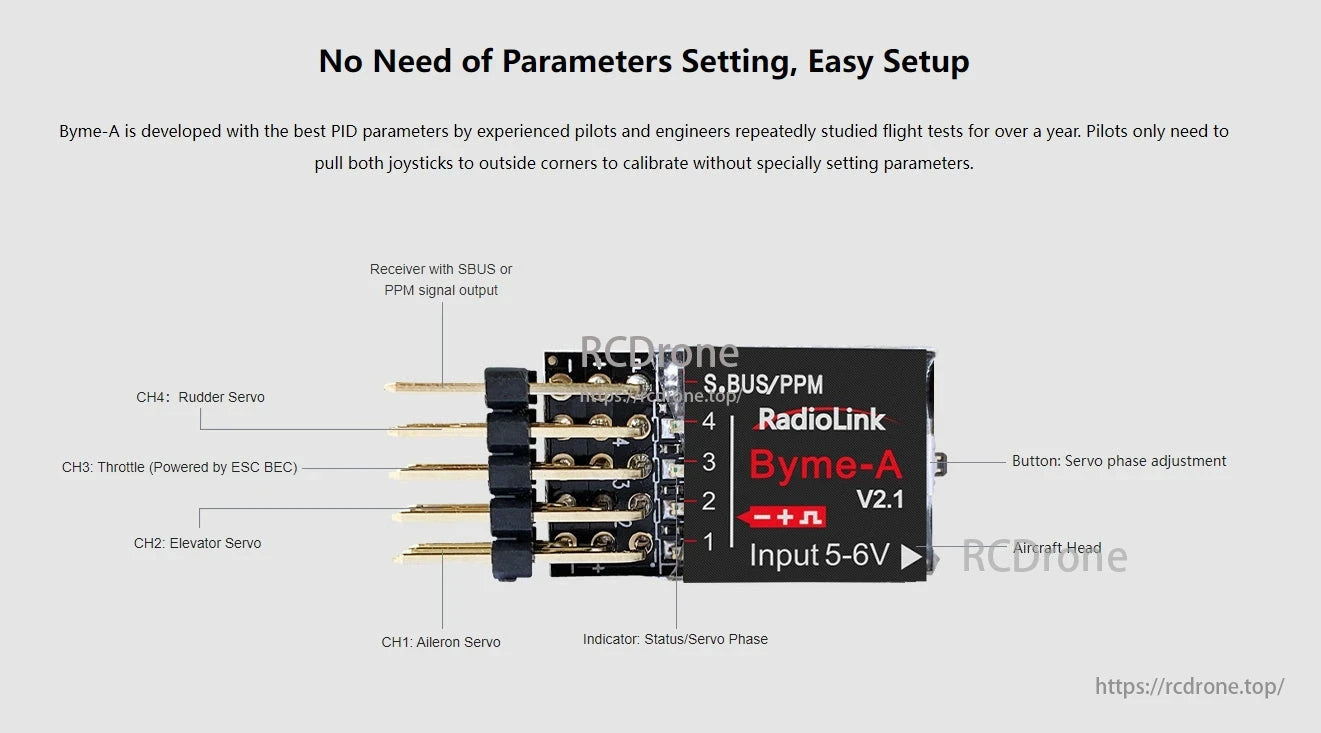 RadioLink Byme-A Flight Controller, The RadioLink Byme-A V2.1 flight controller offers easy setup with S.BUS/PPM input, operates on 5-6V power, requires no parameter settings, and connects to receiver, servos, and throttle for aircraft control.