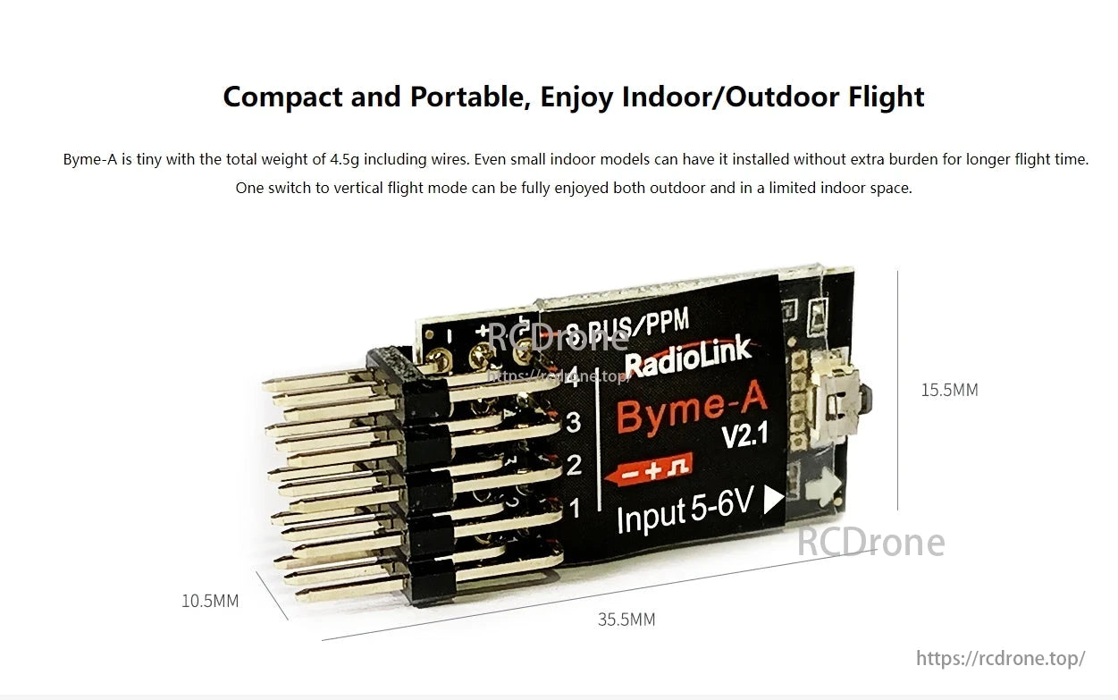 RadioLink Byme-A Flight Controller, The RadioLink Byme-A V2.1 flight controller is compact, lightweight (4.5g), supports indoor/outdoor use with vertical flight mode, and measures 35.5mm x 15.5mm x 10.5mm.