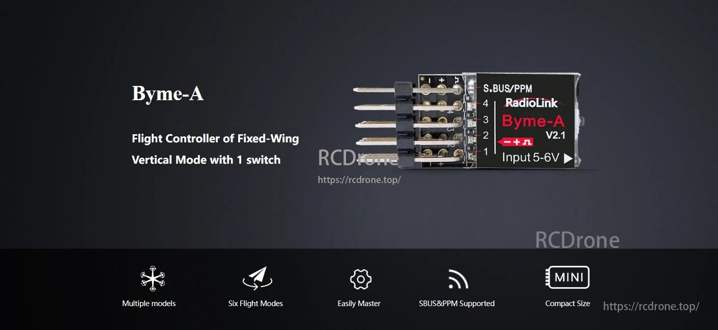 RadioLink Byme-A Flight Controller, RadioLink Byme-A is a compact fixed-wing flight controller with vertical mode, six flight modes, SBUS&PPM support, 5-6V input, and multiple models.