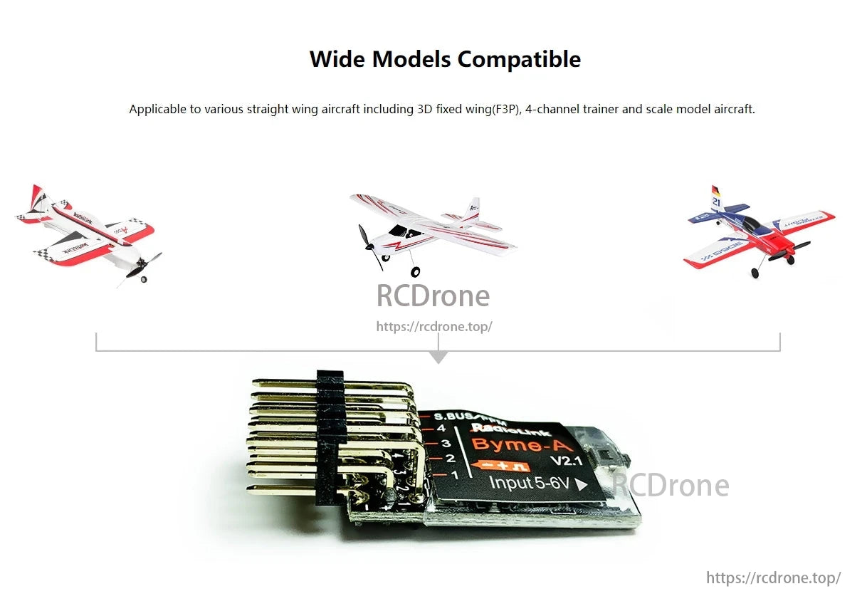 RadioLink Byme-A Flight Controller, RadioLink Byme-A V2.1 flight controller supports 3D fixed wing, 4-channel trainer, and scale model aircraft.