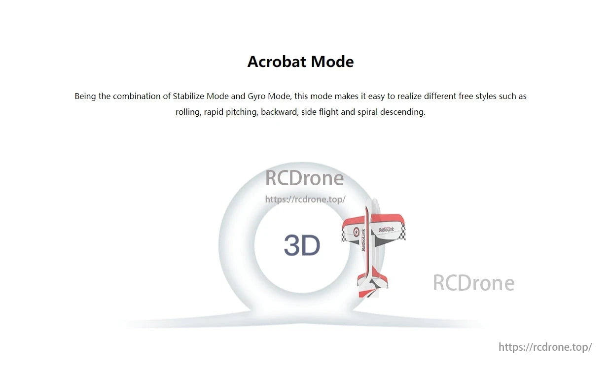 RadioLink Byme-A Flight Controller, Acrobat Mode blends Stabilize and Gyro Modes for advanced maneuvers like rolling, rapid pitching, backward/side flight, and spiral descents.