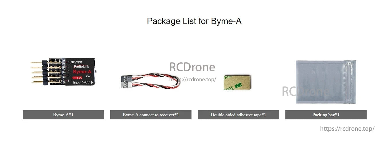 The RadioLink Byme-A Flight Controller package includes the controller, cable, adhesive tape, and a packing bag.