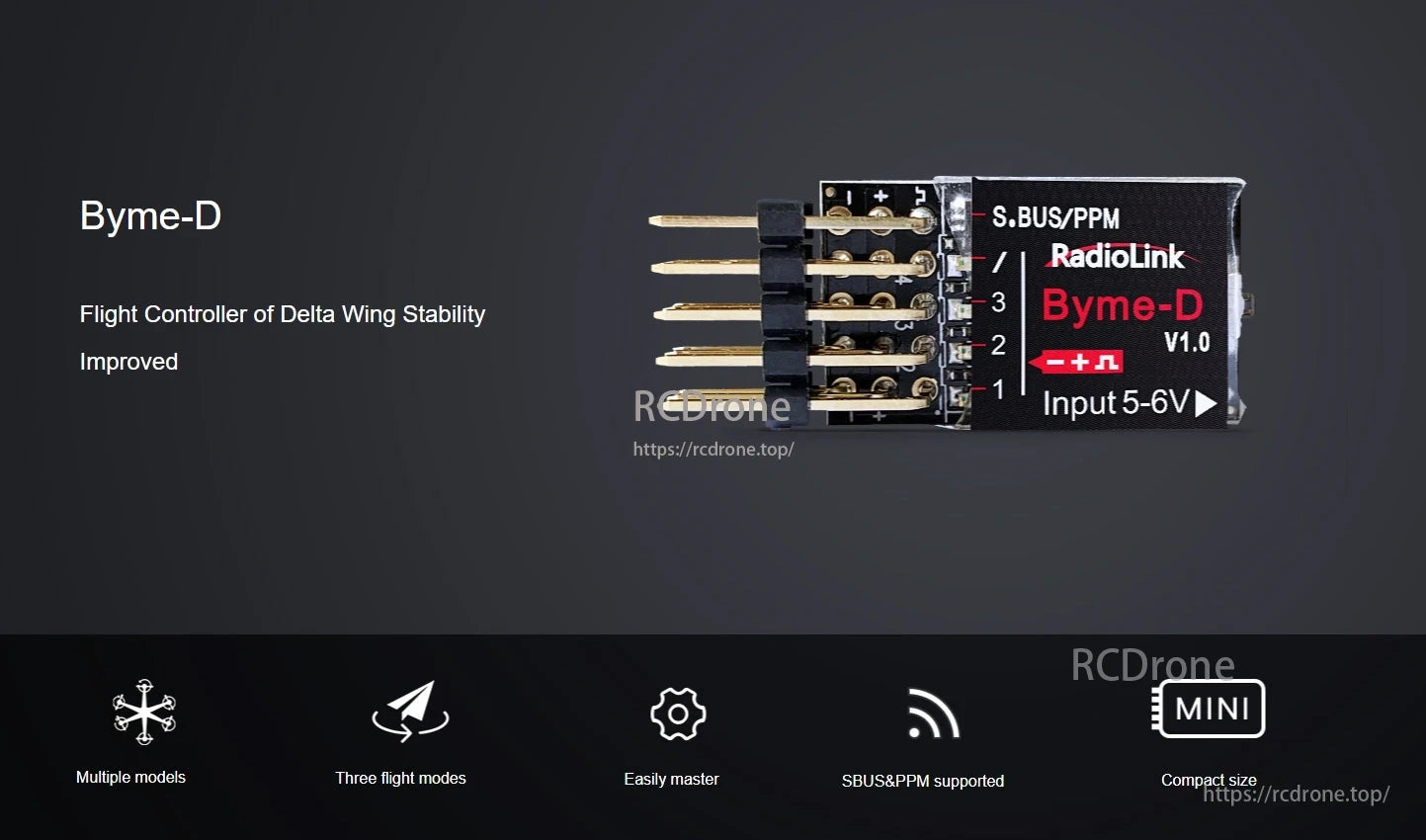 RadioLink Byme-D Mini flight controller ensures delta wing stability, supports SBUS/PPM, offers multiple models, three flight modes, and compact design.