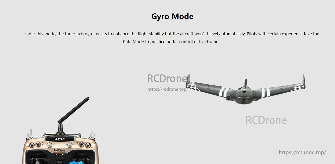 RadioLink Byme-D Mini Flight Controller, Gyro Mode improves stability without auto-leveling; experienced pilots prefer Rate Mode for fixed-wing control.
