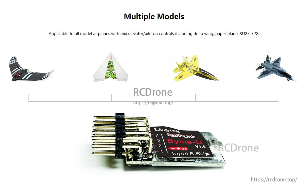 RadioLink Byme-D Mini Flight Controller, The RadioLink Byme-D V1.0 flight controller supports various model airplanes with mixed elevator/aileron controls, such as delta wing, paper plane, SU27, and F22.