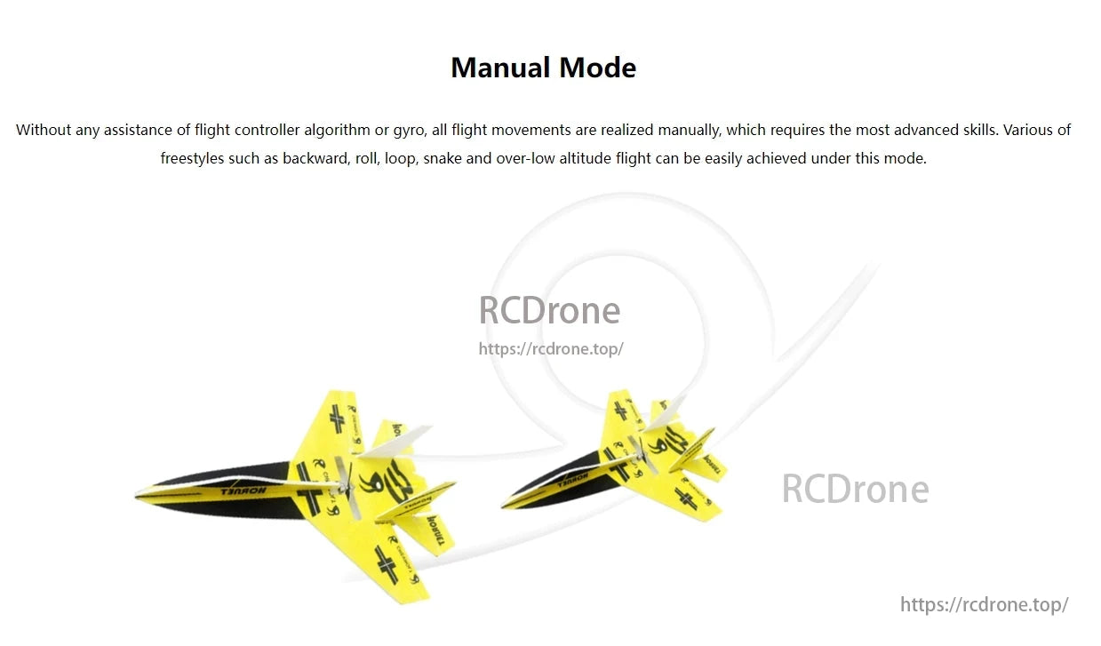 RadioLink Byme-D Mini Flight Controller, Manual mode allows manual flight without assistance, requiring advanced skills for complex maneuvers like rolls and loops.