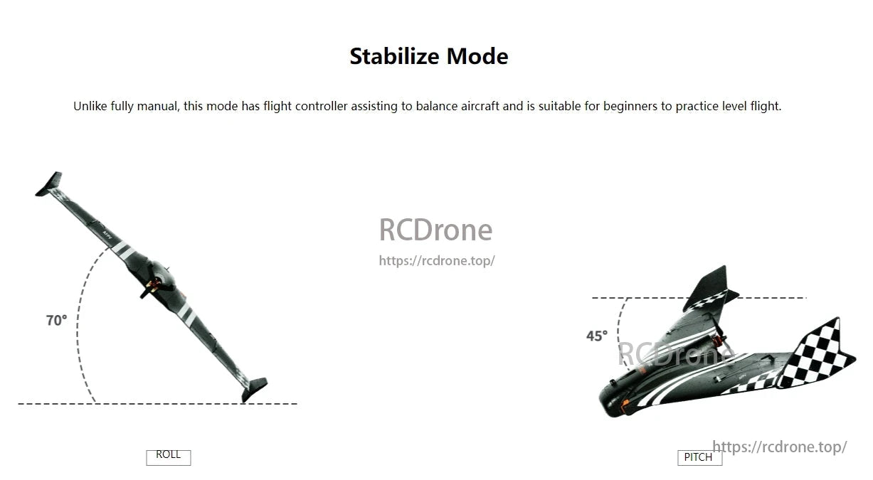 RadioLink Byme-D Mini Flight Controller, Stabilize Mode helps beginners maintain balance by limiting roll to 70° and pitch to 45°.