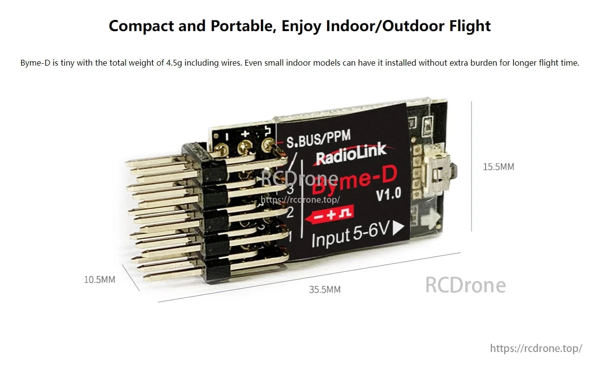 RadioLink Byme-D Mini Flight Controller, Compact 4.5g RadioLink Byme-D V1.0 flight controller supports S.BUS/PPM, 5-6V input, ideal for extended indoor/outdoor flights.
