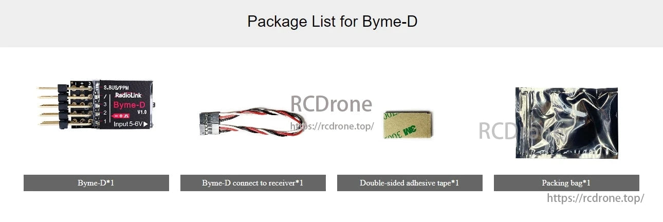 RadioLink Byme-D Mini Flight Controller, The package contains a Byme-D flight controller, receiver cable, adhesive tape, and a packing bag.