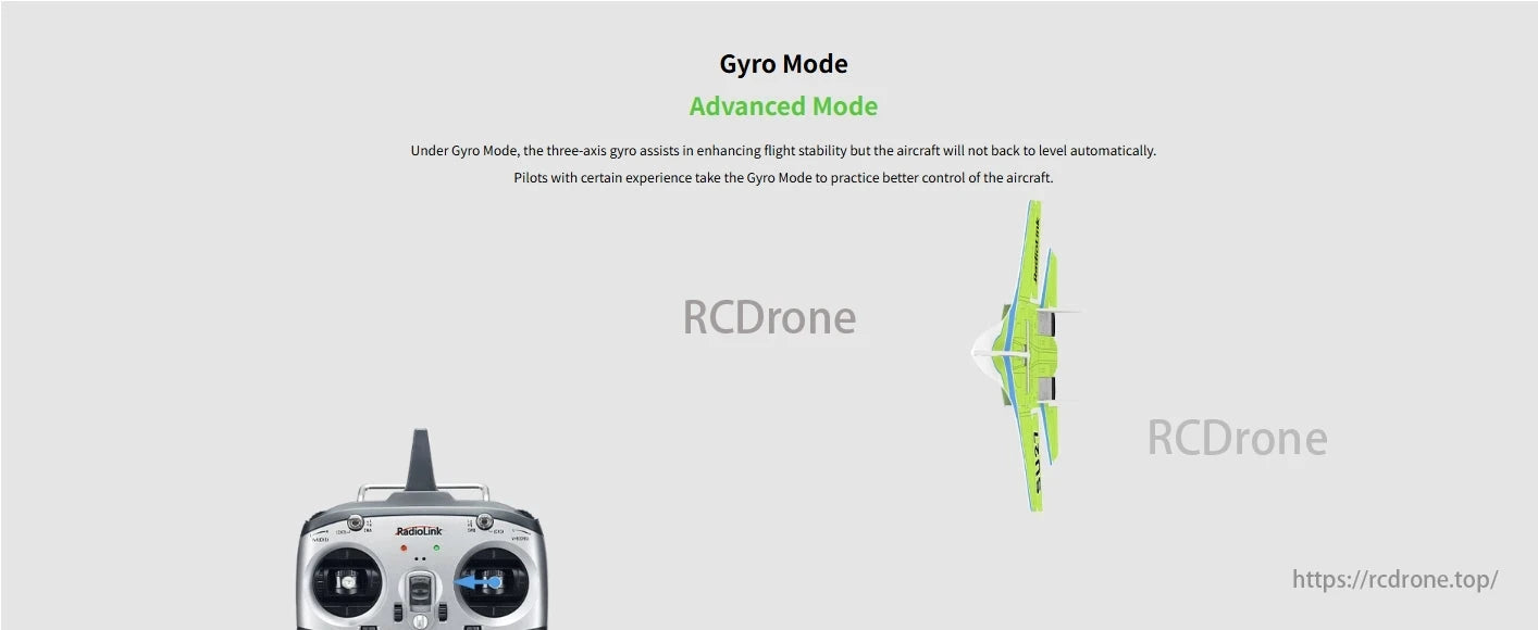 RadioLink Byme-DB Flight Controller, Gyro Mode improves stability without auto-leveling, suited for experienced pilots enhancing control skills.