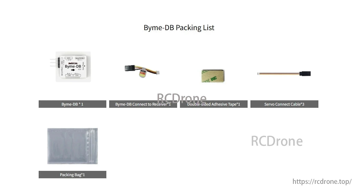 RadioLink Byme-DB Flight Controller, The package includes a Byme-DB flight controller, receiver cable, double-sided tape, servo cables, and a packing bag.