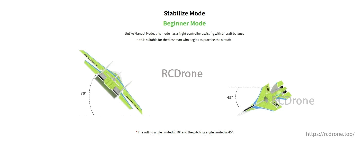 RadioLink Byme-DB Flight Controller, Stabilize Mode helps beginners by limiting roll to 70° and pitch to 45° for better aircraft balance.