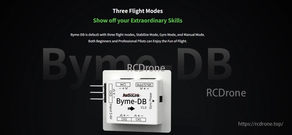 RadioLink Byme-DB Flight Controller, The Byme-DB flight controller features Stabilize, Gyro, and Manual modes, ideal for both beginners and experts, ensuring enjoyable and skillful flights.