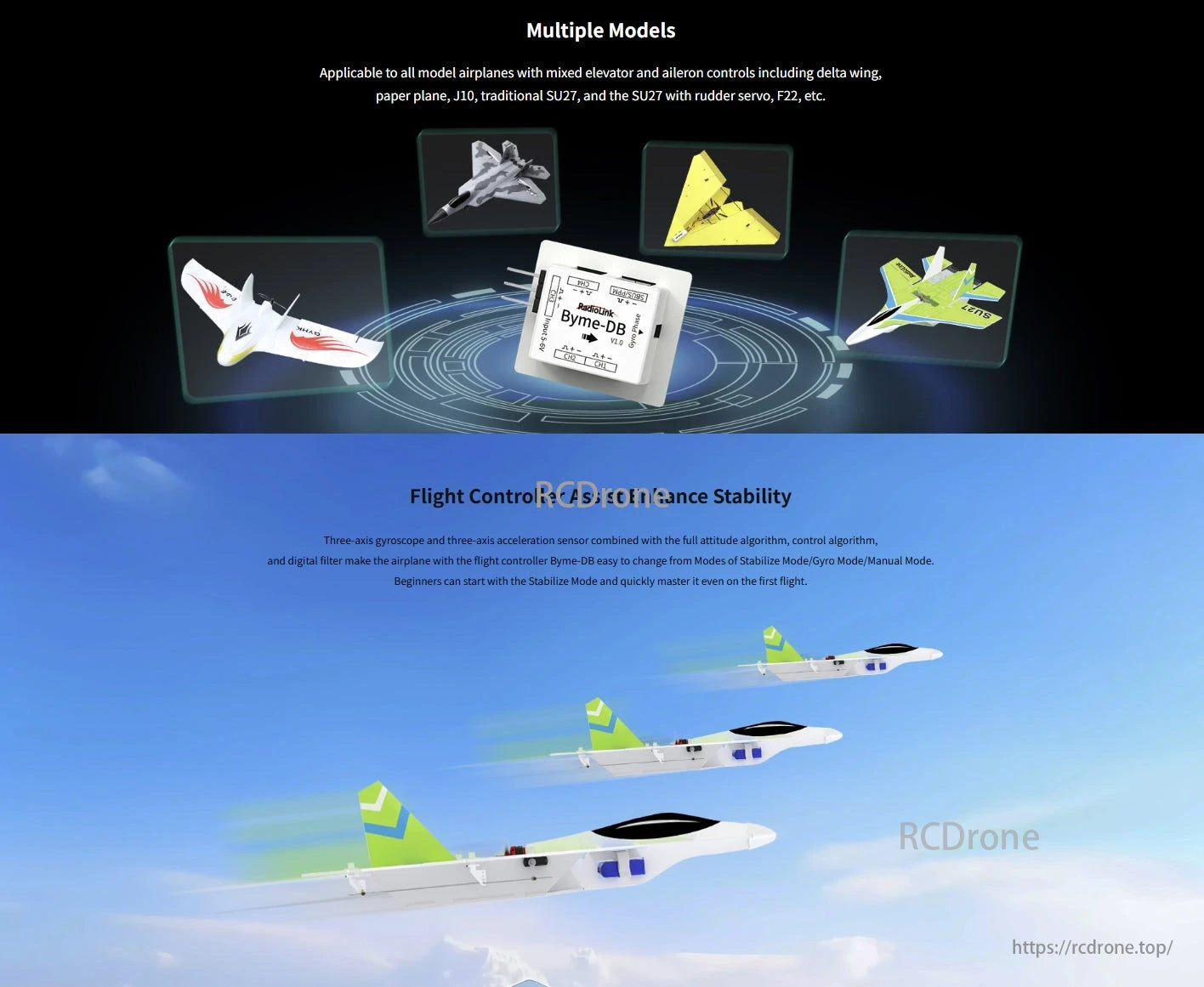The RadioLink Byme-DB flight controller enhances model airplane stability with a gyroscope, accelerometer, and stabilization algorithms, aiding beginners in learning to fly.