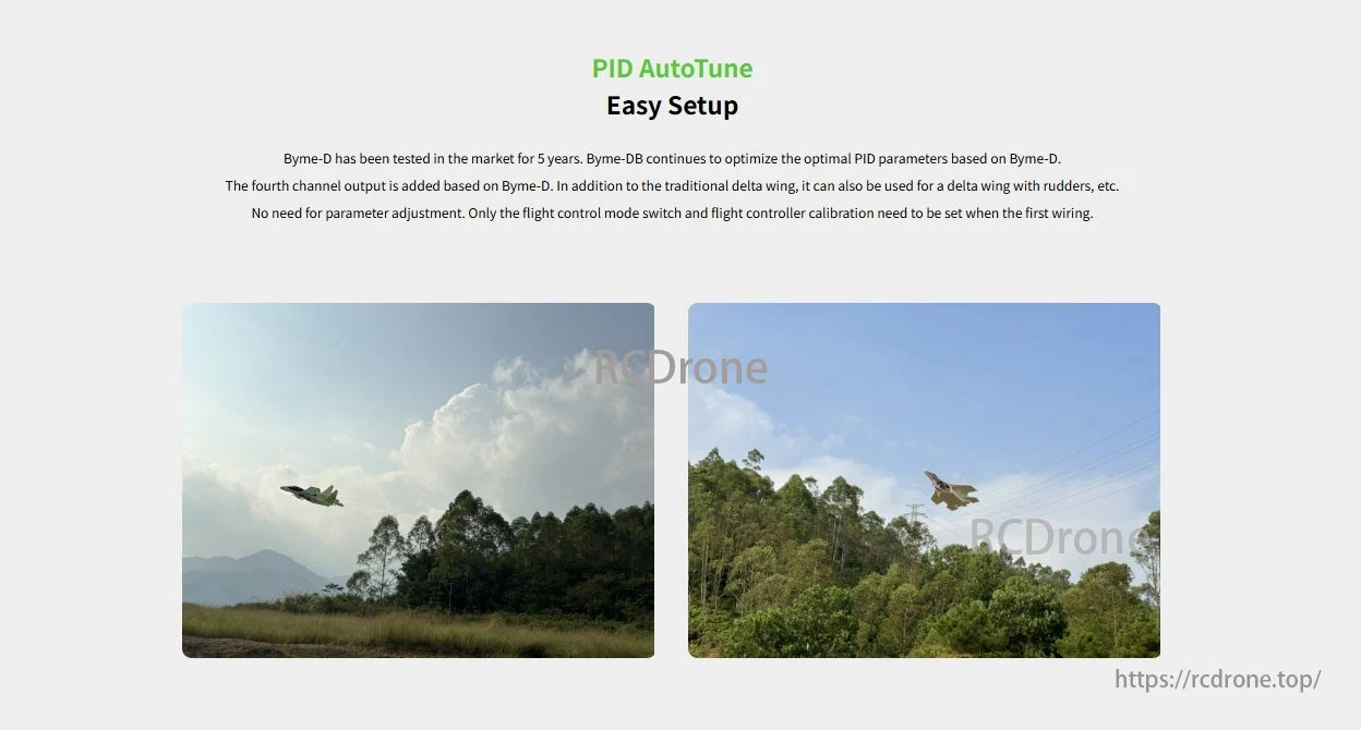 RadioLink Byme-DB Flight Controller, PID AutoTune simplifies setup for Byme-DB flight controller, optimizing PID parameters and supporting delta wings and rudder models without manual tuning, ideal for micro fixed-wing aircraft.
