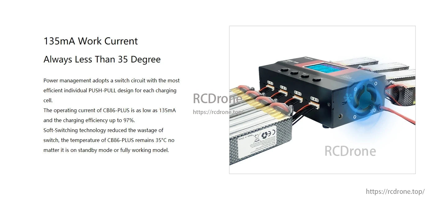 The RadioLink CB86 Plus Charger has efficient power management with a switch circuit and PUSH-PULL design for low current, high efficiency, and stable temperature.