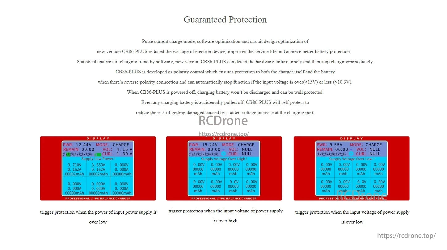 RadioLink CB86 Plus Charger, The CB86-PLUS charger ensures safe battery charging through pulse current mode, software optimization, circuit design, hardware failure detection, polarity management, and over/under voltage protection.