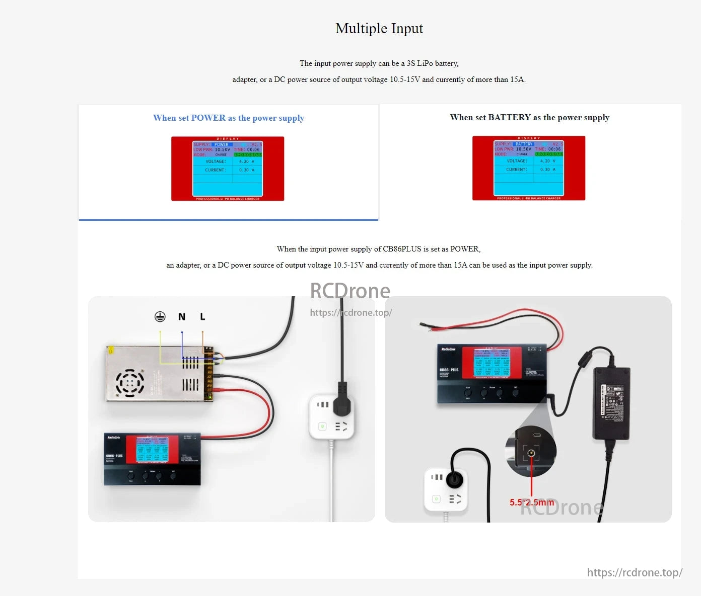 RadioLink CB86 Plus Charger, CB86PLUS supports 3S LiPo, adapter, or DC power (10.5-15V, >15A). Use POWER mode for external power or BATTERY mode for direct charging via 5.5*2.5mm plug.