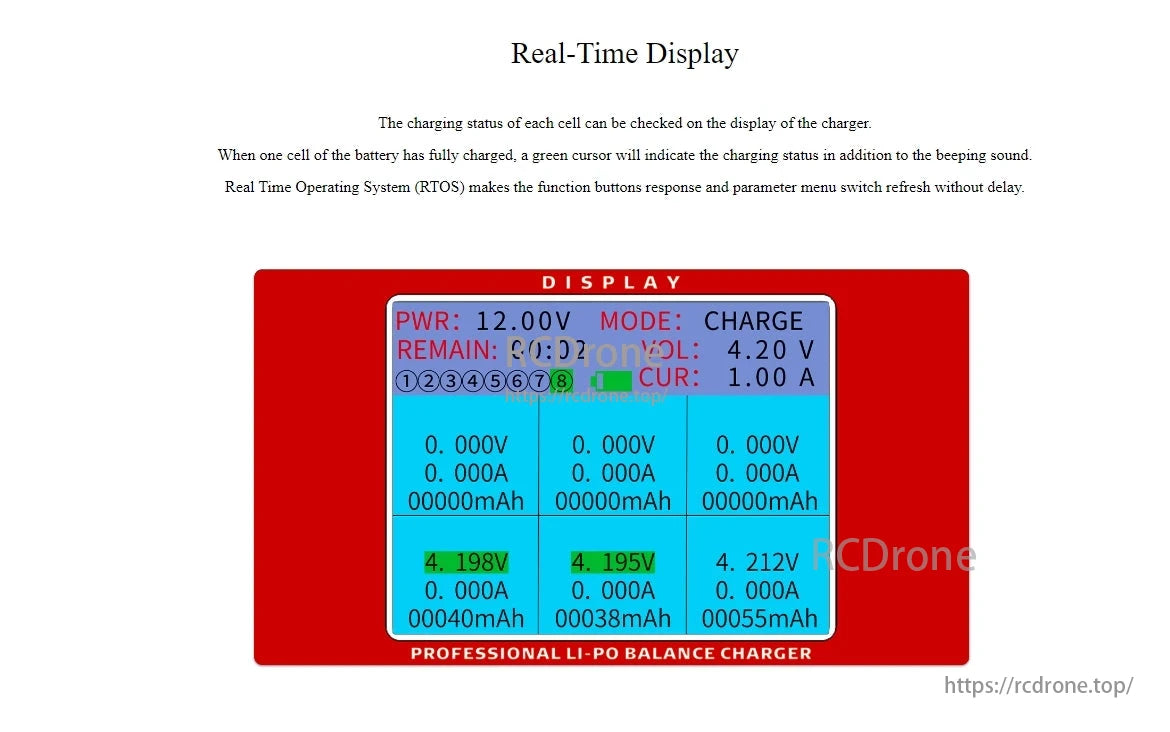 RadioLink CB86 Plus Charger, Displays battery status in real time with voltage, current, and remaining time. RTOS ensures responsive controls and menu updates. Professional Li-Po balance charger.