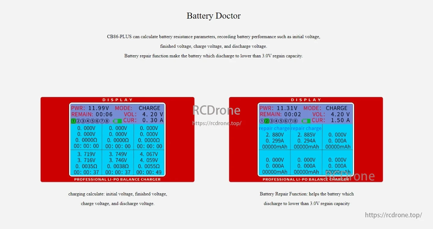 RadioLink CB86 Plus Charger, Battery Doctor CB86-PLUS measures battery resistance, tracks performance, repairs low-discharge batteries, and displays voltage data for Li-Po balance charging.