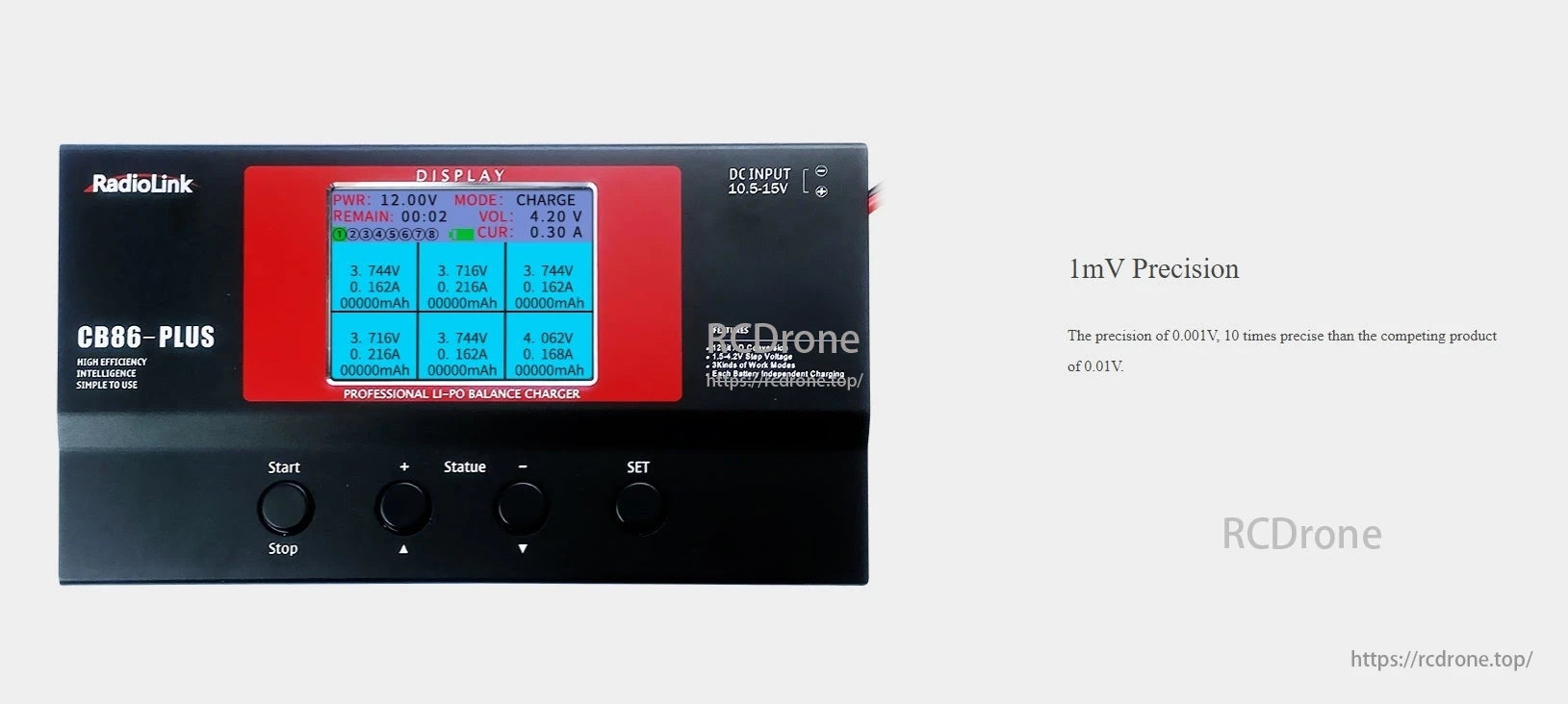 RadioLink CB86 Plus Charger, RadioLink CB86-Plus: High-efficiency Li-Po balance charger with 1mV precision, 12-bit AD conversion, step voltage adjustment, and independent charging. Easy to use with accurate measurements.