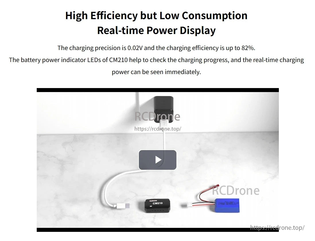 RadioLink CM210 2S LiPo Balance Charger, Displays real-time power with 0.02V precision and 82% efficiency; CM210 LEDs show charging progress instantly.