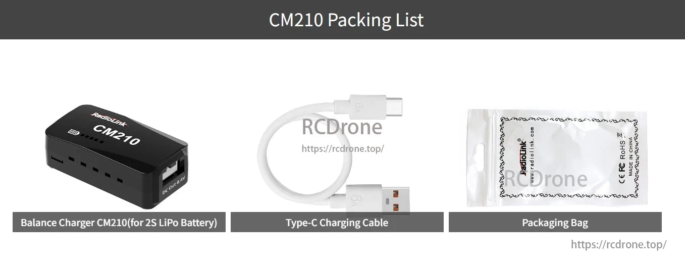 RadioLink CM210 2S LiPo Balance Charger, CM210 package includes balance charger for 2S LiPo, Type-C cable, and packaging bag.