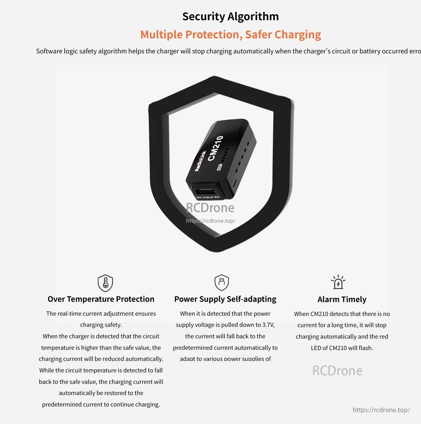 RadioLink CM210 2S LiPo Balance Charger, The RadioLink CM210 2S LiPo charger provides safety features like over-temperature protection, self-adapting power supply, alarms, and automatic error detection for safer charging.