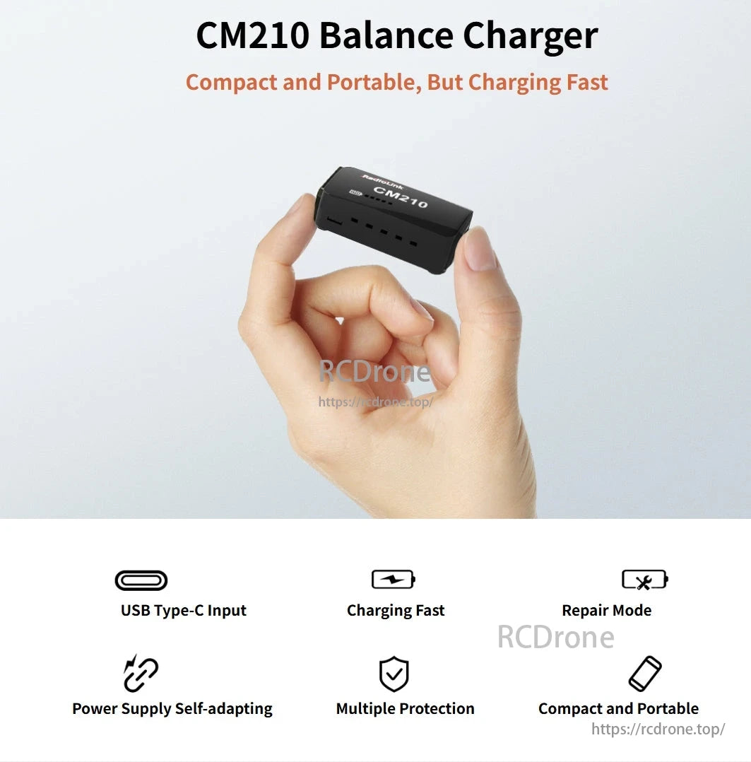 RadioLink CM210 2S LiPo Balance Charger, The CM210 Balance Charger is compact, portable, fast-charging via USB-C with multiple safety protections.