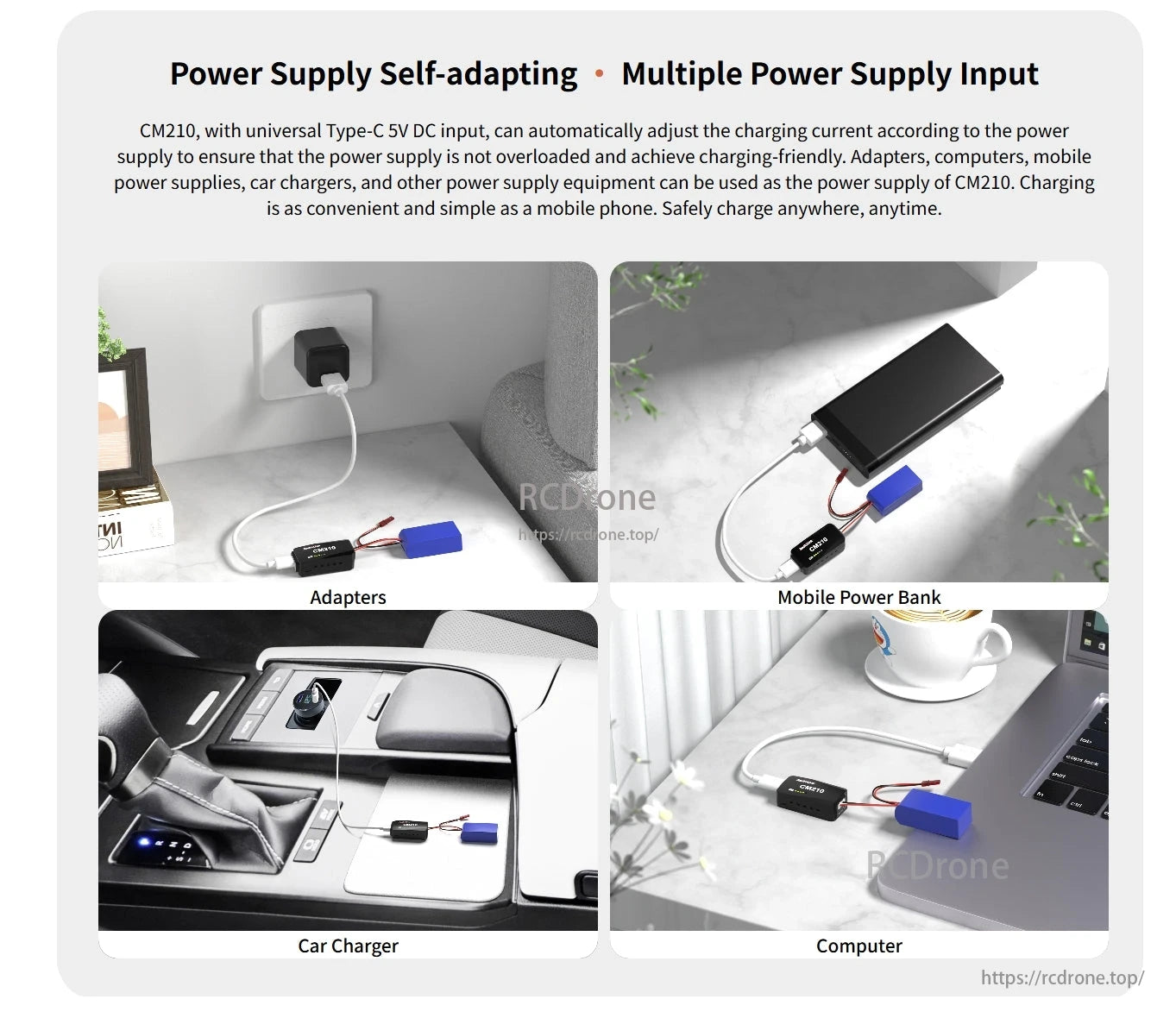 RadioLink CM210 2S LiPo Balance Charger, The CM210 charger with Type-C 5V DC input safely adapts charging current and works with various power sources for convenient, safe charging anywhere.