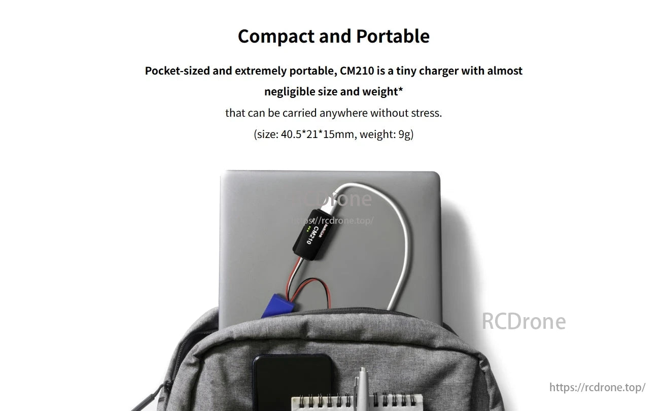 RadioLink CM210 2S LiPo Balance Charger, The CM210 charger is pocket-sized, weighs 9g, and measures 40.5×21×15mm, making it highly portable.
