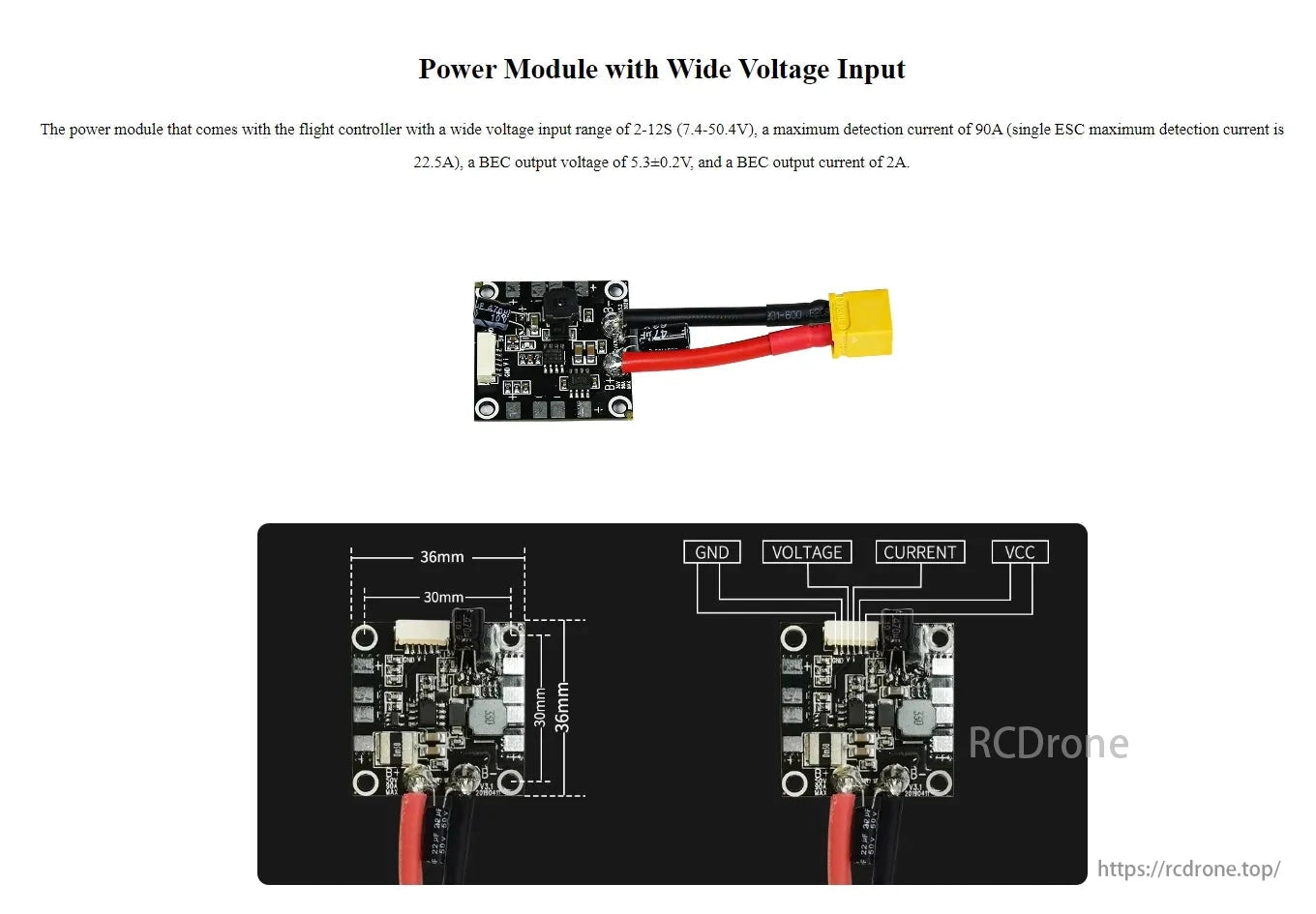 RadioLink CrossFlight Flight Controller, Power module supports 2-12S (7.4-50.4V), max 90A current, 5.3V BEC output, 36x30mm. Connects GND, VOLTAGE, CURRENT, VCC.