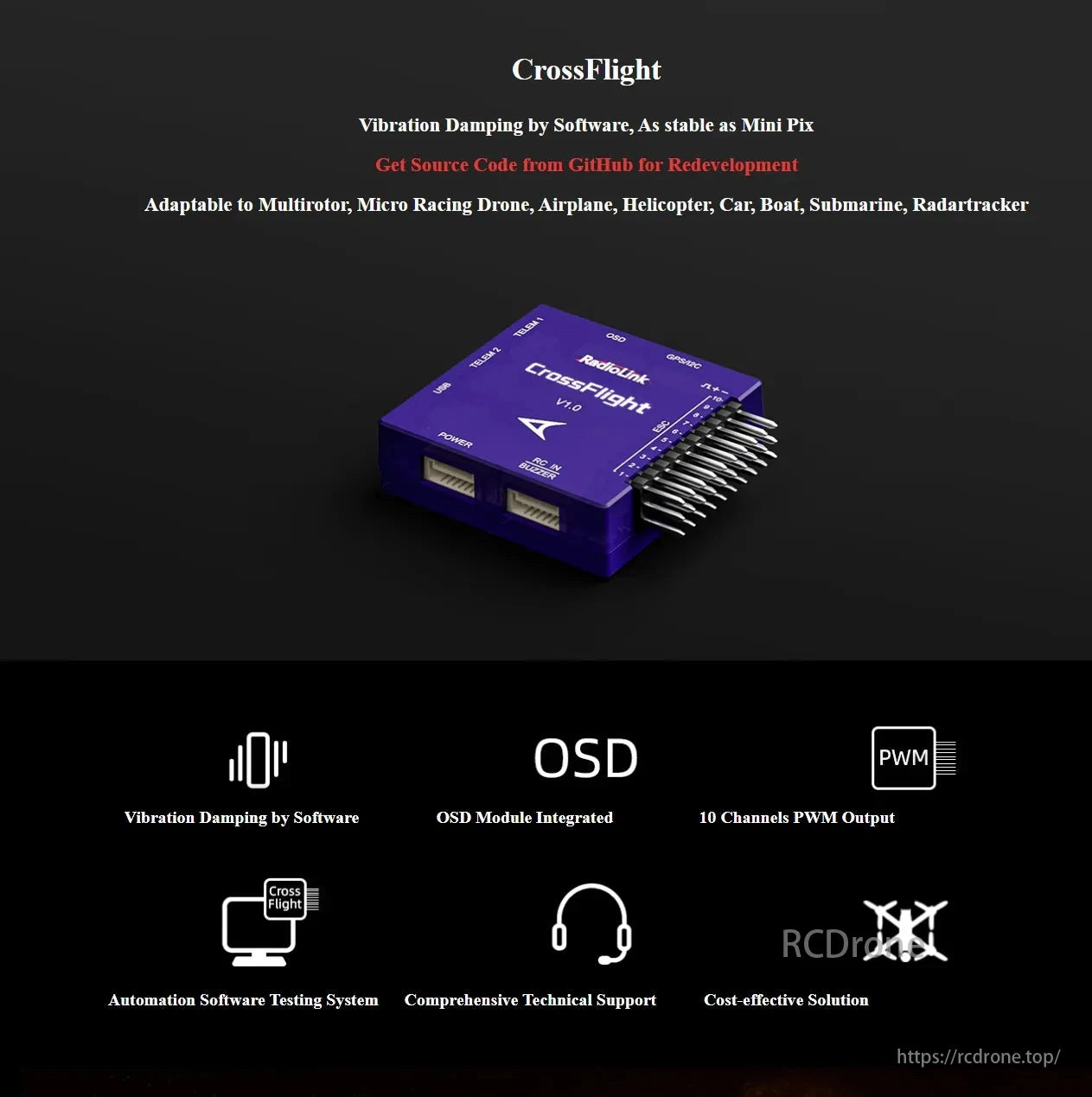RadioLink CrossFlight Flight Controller, CrossFlight provides vibration damping, open-source code, supports various vehicles, includes OSD, PWM outputs, automation testing, and is cost-effective.