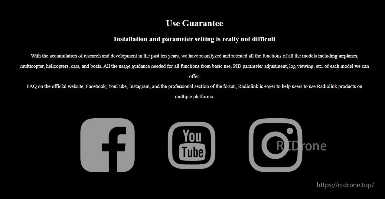 RadioLink CrossFlight Flight Controller, Use Guarantee offers easy installation and setup for various models, with comprehensive guidance on PID adjustment, log viewing, and more available on Facebook, YouTube, and Instagram.