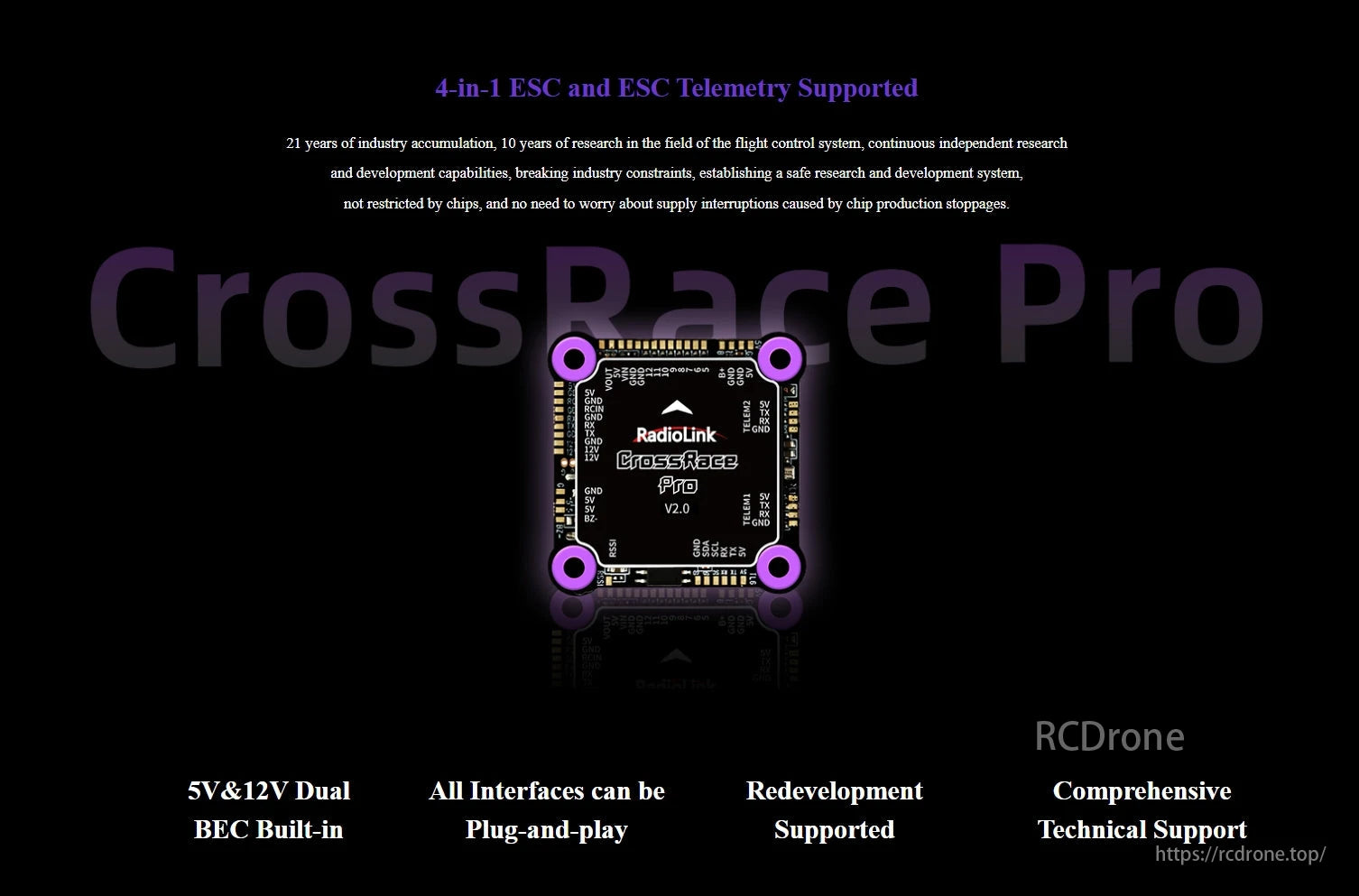 RadioLink CrossRace Pro V2.0 Flight Controller, Flight Controller features 4-in-1 ESC, telemetry, 5V/12V BEC, plug-and-play interfaces, redevelopment support, and technical assistance.