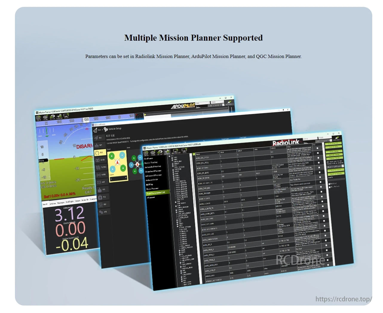 RadioLink CrossRace Pro V2.0 Flight Controller, Supports multiple mission planners; allows parameter setting, vehicle setup, real-time telemetry (altitude, speed), and displays key values for precise control.
