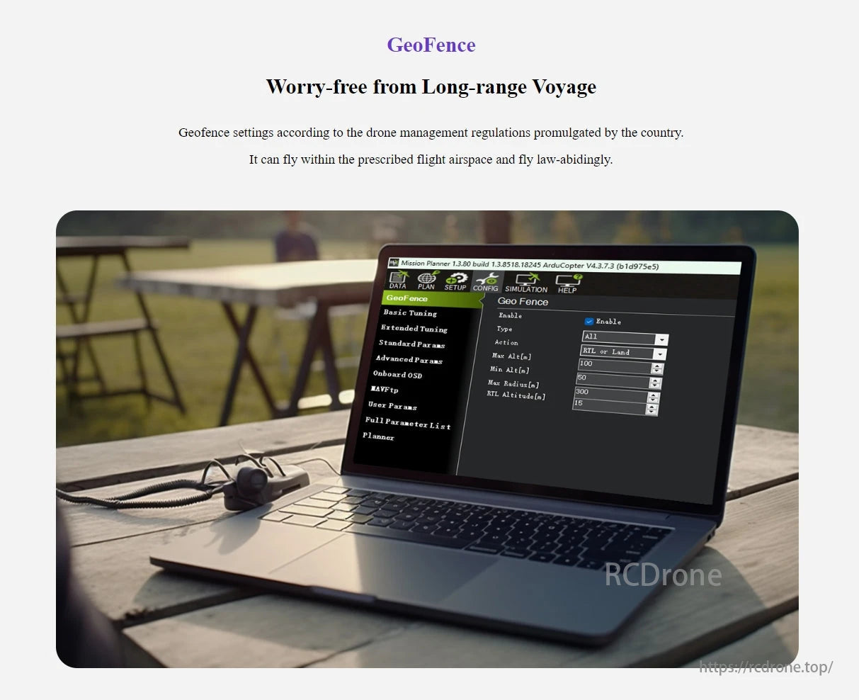 RadioLink CrossRace Pro V2.0 Flight Controller, GeoFence allows safe, legal long-range drone flights by adhering to regulations and offering secure configuration options via laptop.