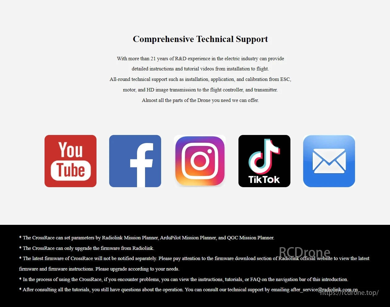 RadioLink CrossRace Pro V2.0 Flight Controller, Technical support for RadioLink CrossRace Pro V2.0 includes setup guides, tutorials, and flight assistance. Reach out via social media or email for help.