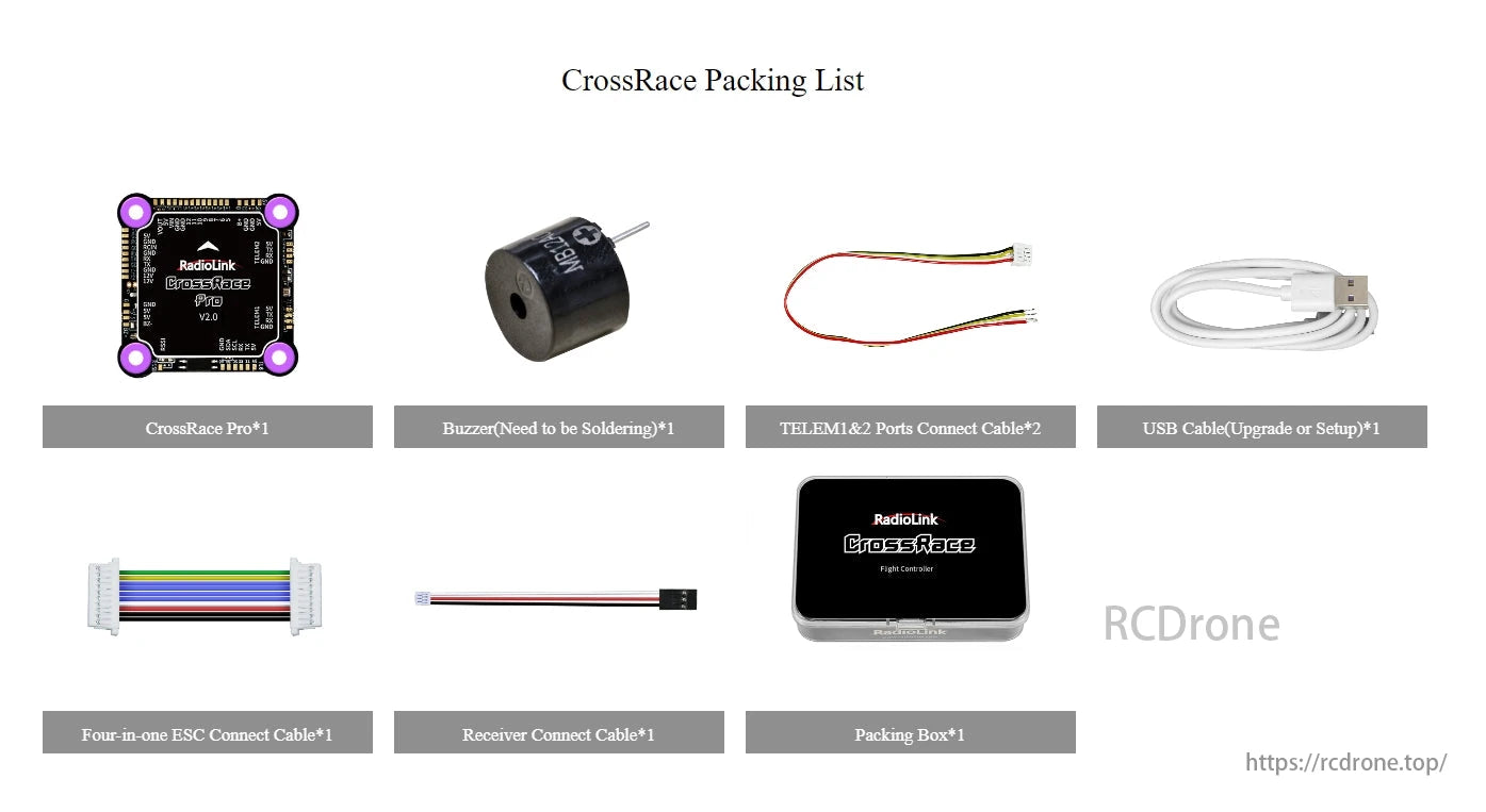 RadioLink CrossRace Pro V2.0 Flight Controller, The CrossRace Packing List includes essential components like the flight controller, cables, buzzer, and labeled items for easy assembly and operation of the RadioLink CrossRace Pro system.