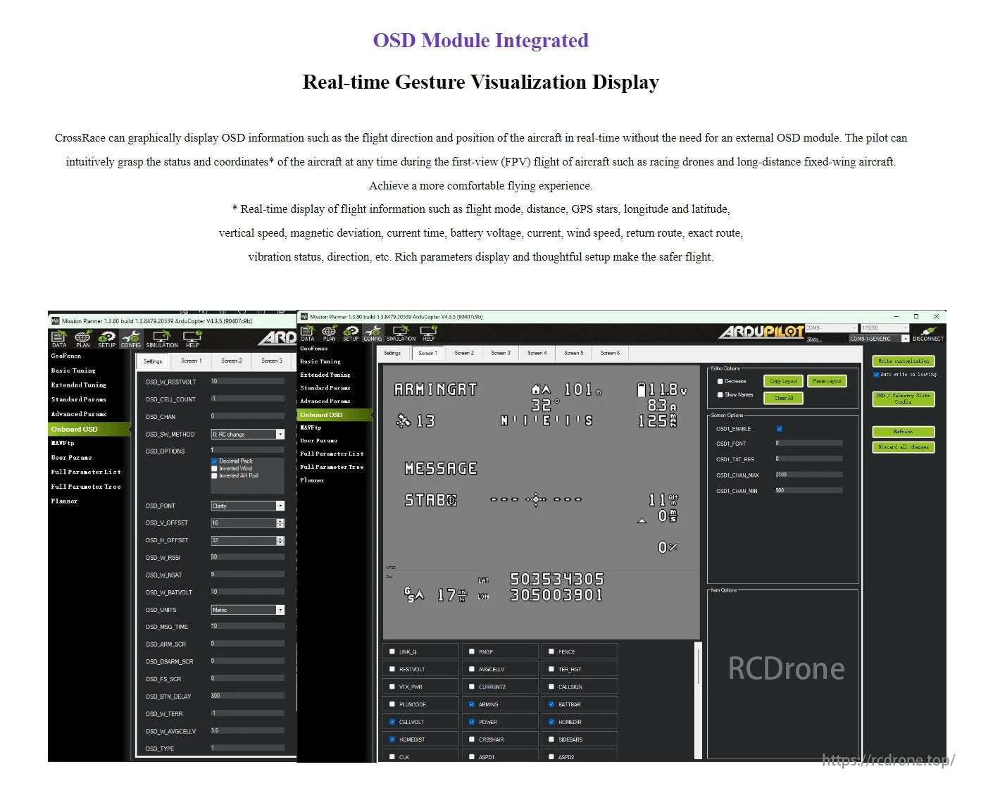 RadioLink CrossRace Pro V2.0 Flight Controller, CrossRace improves FPV flying safety and comfort with real-time gesture visualization and detailed flight data via OSD module.