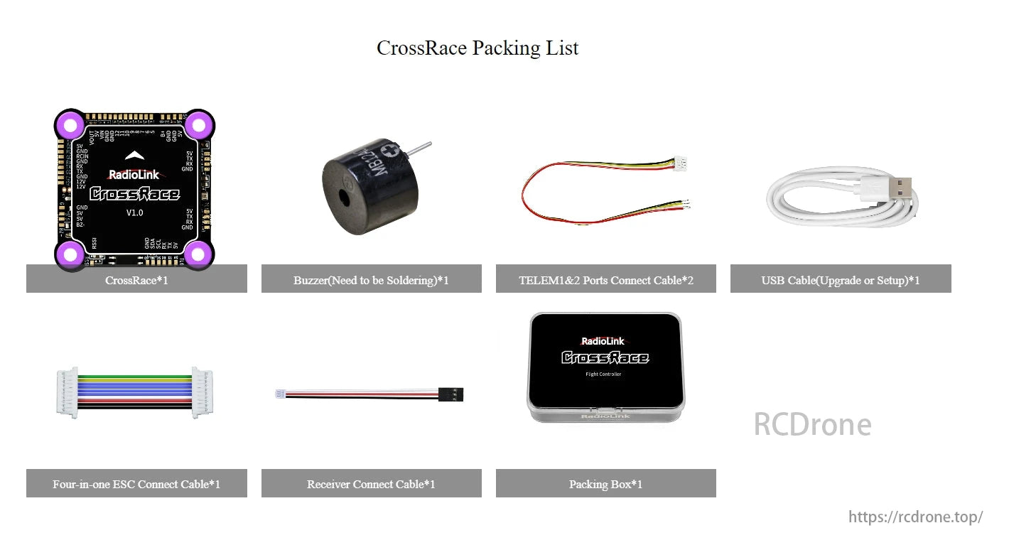 Radiolink CrossRace V2.0 Flight Controller, The CrossRace kit includes a flight controller, cables, buzzer, and box, ensuring connectivity and functionality for easy setup or upgrades.