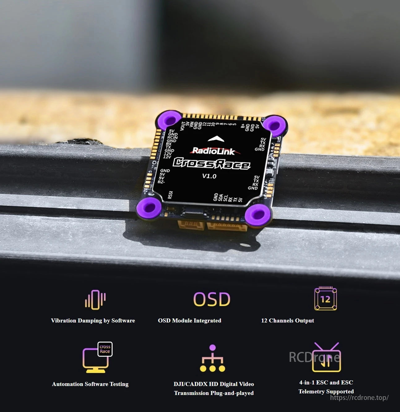 Radiolink CrossRace V2.0 Flight Controller, Flight Controller provides vibration damping, OSD, 12-channel output, supports automation testing, DJI/CADDX HD video transmission, 4-in-1 ESC telemetry, ideal for high-performance FPV racing drones.