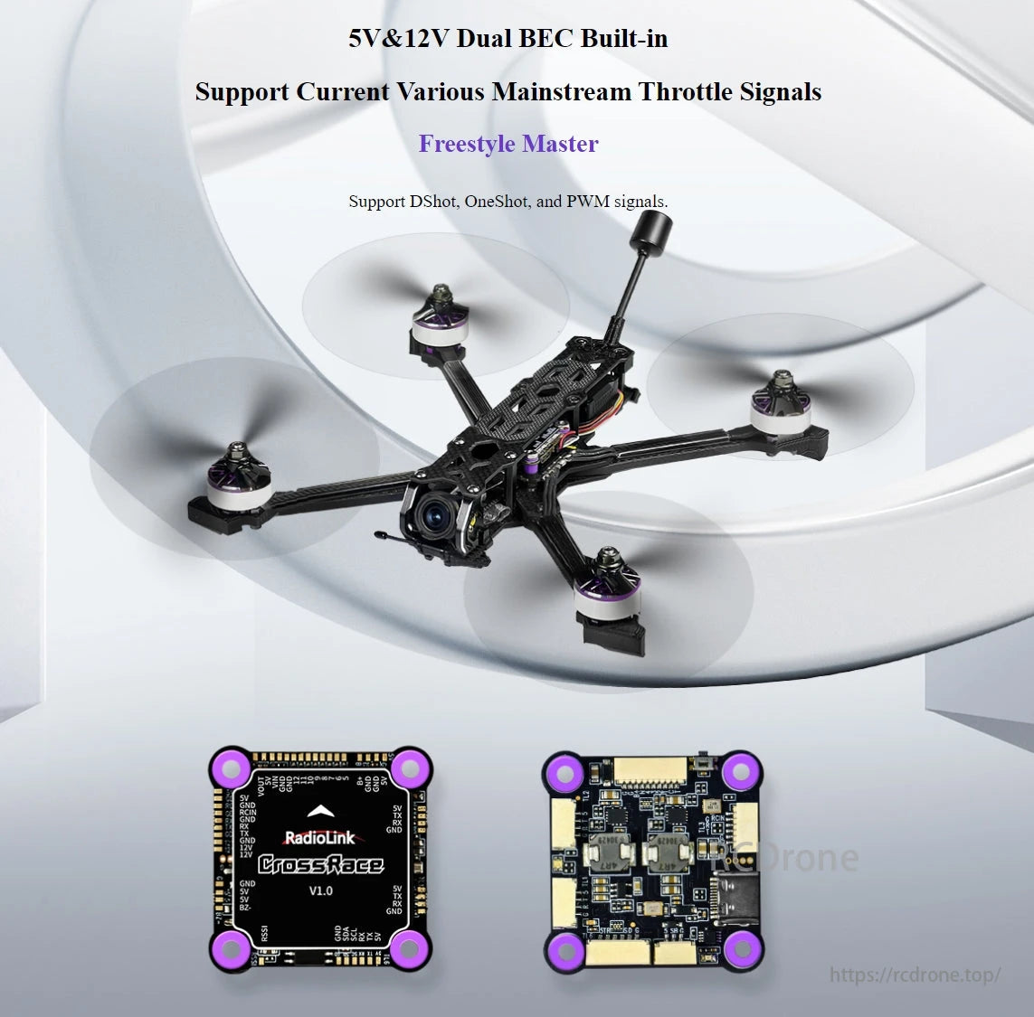 Radiolink CrossRace V2.0 Flight Controller, Radiolink CrossRace V1.0 flight controller features 5V/12V dual BEC, supports DShot, OneShot, PWM signals, ideal for advanced freestyle drones.