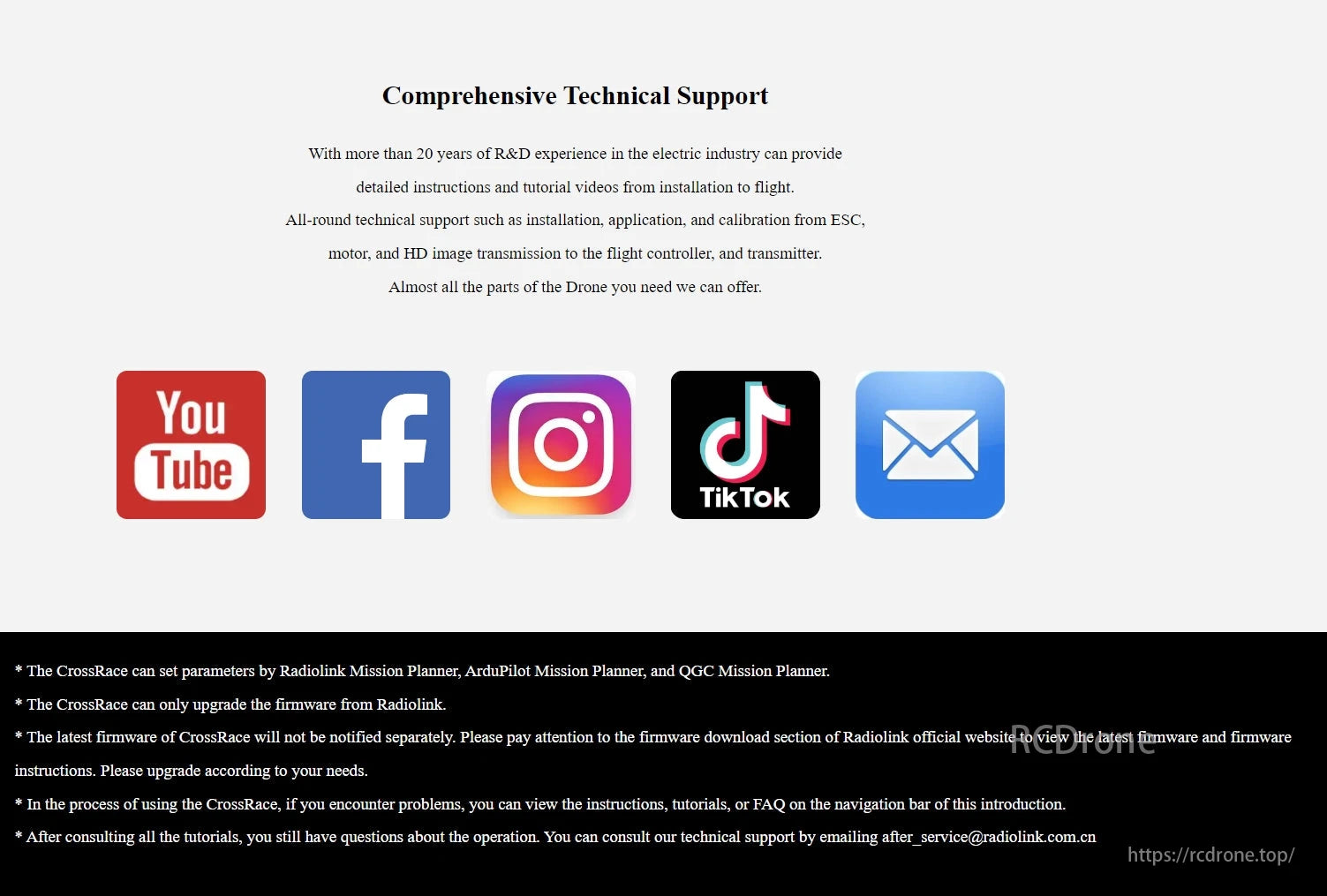 Technical support for Radiolink CrossRace V2.0 Flight Controller offers instructions, videos, and help via YouTube, Facebook, Instagram, TikTok, and email.