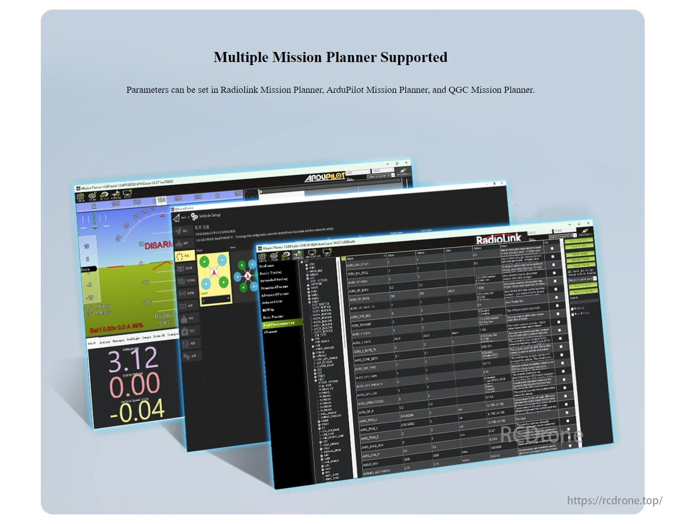 Radiolink CrossRace V2.0 Flight Controller, Supports multiple mission planners (Radiolink, ArduPilot, QGC) with adjustable parameters, real-time telemetry, and vehicle configuration for enhanced flight control in advanced drone missions.