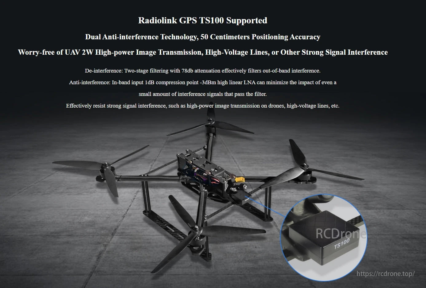 Radiolink CrossRace V2.0 Flight Controller, Radiolink GPS TS100 offers 50 cm accuracy with dual anti-interference tech, ensuring reliable UAV image transmission in high-interference environments.