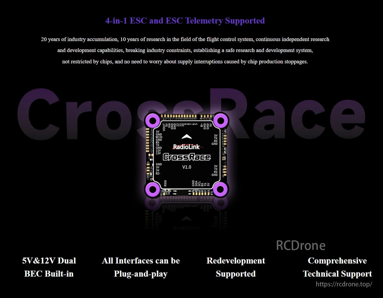 Radiolink CrossRace V2.0 Flight Controller, The Radiolink CrossRace V1.0 flight controller supports 4-in-1 ESC and telemetry, offering 5V/12V BEC, plug-and-play interfaces, redevelopment support, and technical assistance.