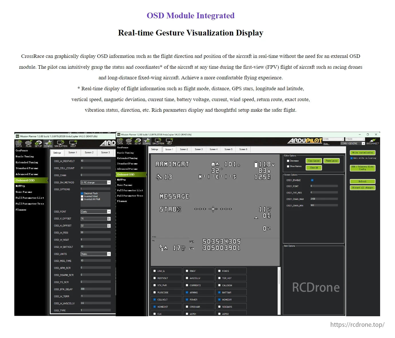 Radiolink CrossRace V2.0 Flight Controller, The CrossRace V2.0 Flight Controller includes OSD for real-time flight data display, improving FPV safety and comfort with info like direction, speed, battery, and GPS.
